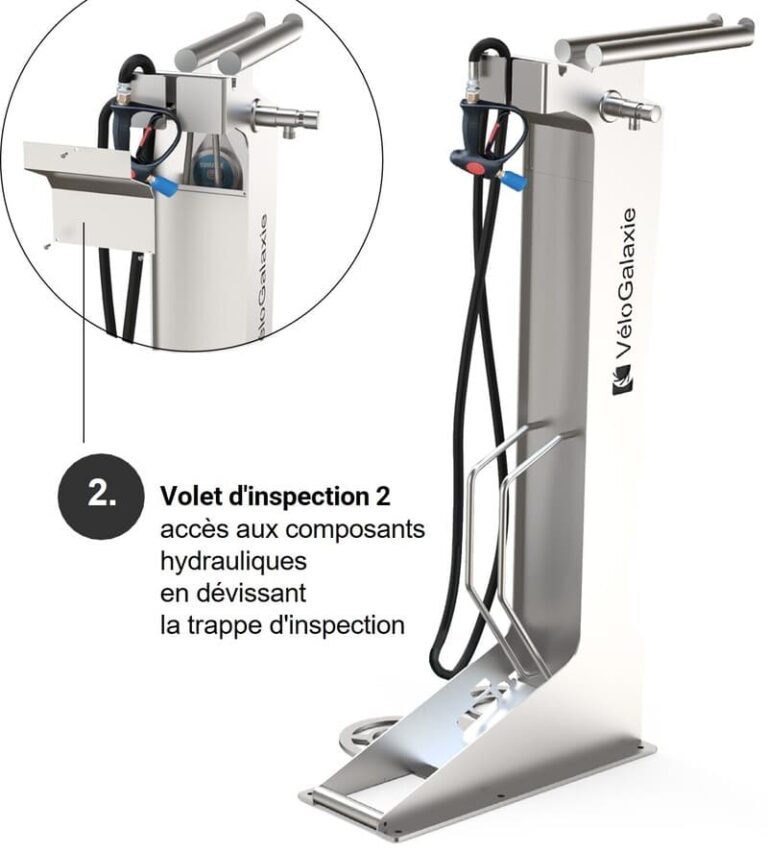 Caja de acceso directo para inspección 2 Estaciones 3 en 1 - Tótem de inflado, reparación y lavado de bicicletas con fuente de agua y calzo para ruedas